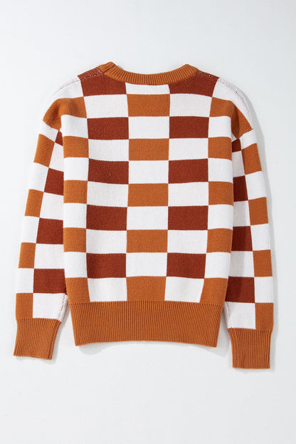 Orange Checkered Ribbed Edge O Neck Drop Shoulder Sweater