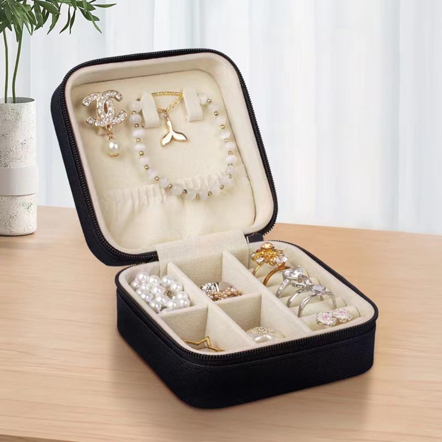 Zip Around Square Travel Jewelry Box