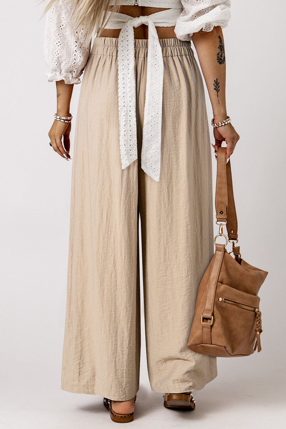 Beige Drawstring Waist Pleated Wide Leg Casual Pants