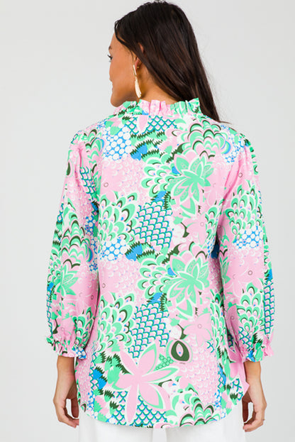 Green Floral Print V Neck Tied Loose Blouse