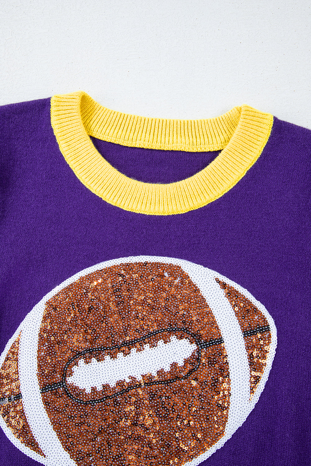 Purple Sequin Rugby Color Block Puff Short Sleeve Sweater