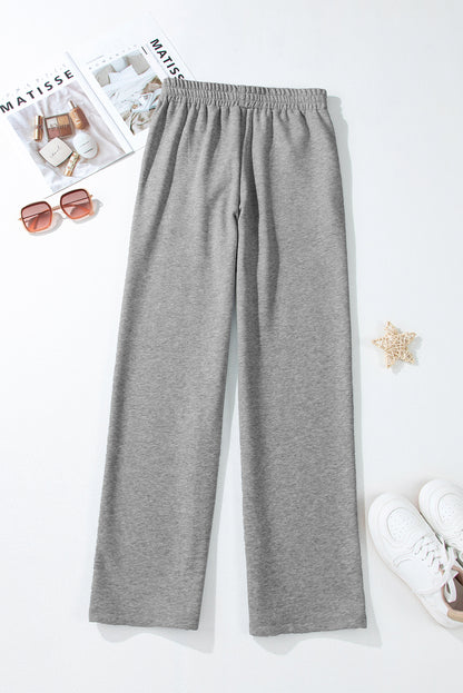 Light Grey Solid Color Fleece Lined Drawstring Waist Casual Pants