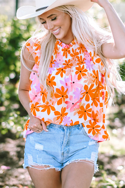 Orange Ruffled Sleeve Smocked Floral Top