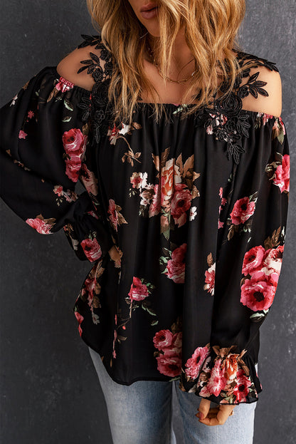 Black Floral Print Lace Patchwork Loose Cold Shoulder Blouse