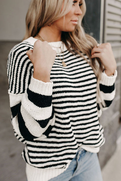 Black white Striped Drop Shoulder Bishop Sleeve Knit Sweater