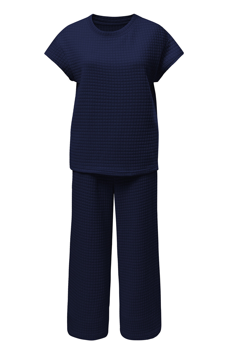 Navy Blue Solid Color Textured Short Sleeve Top and Casual Pants Set