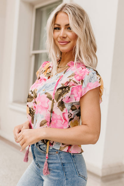 Pink Floral Print Tassel Tie Short Sleeve Blouse