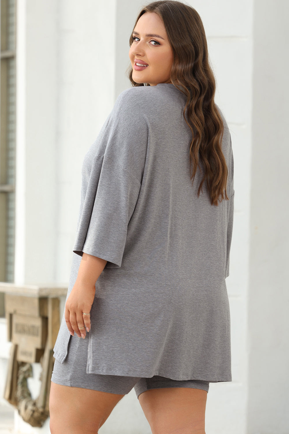 Light Grey Solid Color Loose Tunic Top and Slim Shorts Set