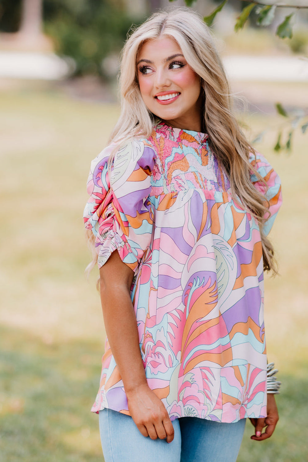 Pink Abstract Print Bubble Sleeve Smock Detail Blouse