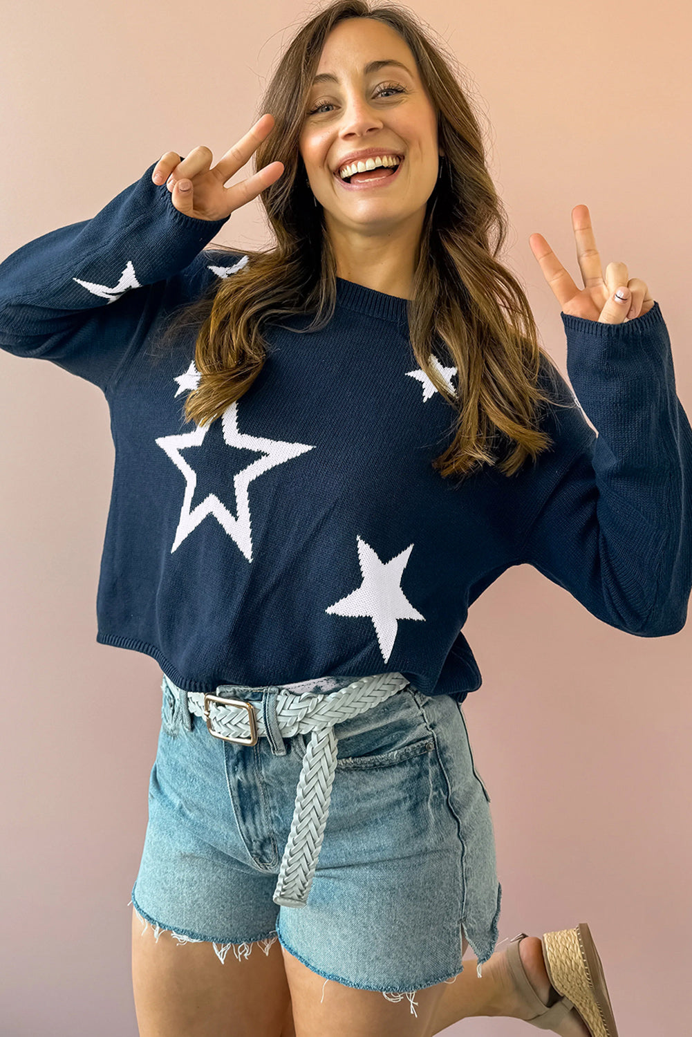 Sail Blue Star Pattern Drop Shoulder Knitted Sweater