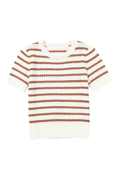 Khaki Stripe Scalloped Round Neck Short Sleeve Sweater