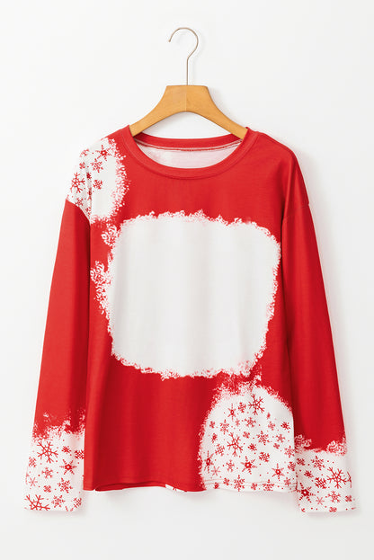 Fiery Red Snowflake Bleached Print Long Sleeve T Shirt