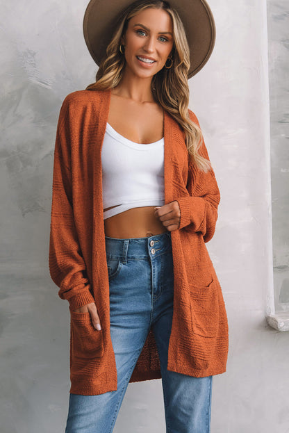 Tomato Red Open Front Textured Knit Cardigan with Pockets