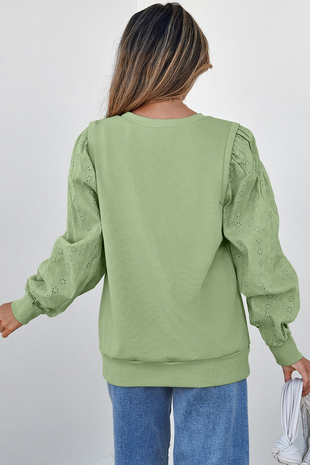 Mist Green Solid Patchwork Sleeve Round Neck Sweatshirt