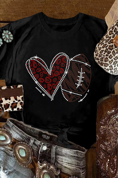 Black Rhinestone Rugby Football Heart Shape Graphic T Shirt