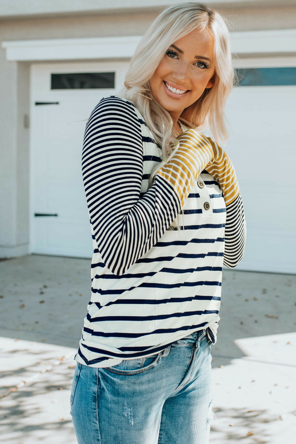 Striped Buttoned Long Sleeve Top