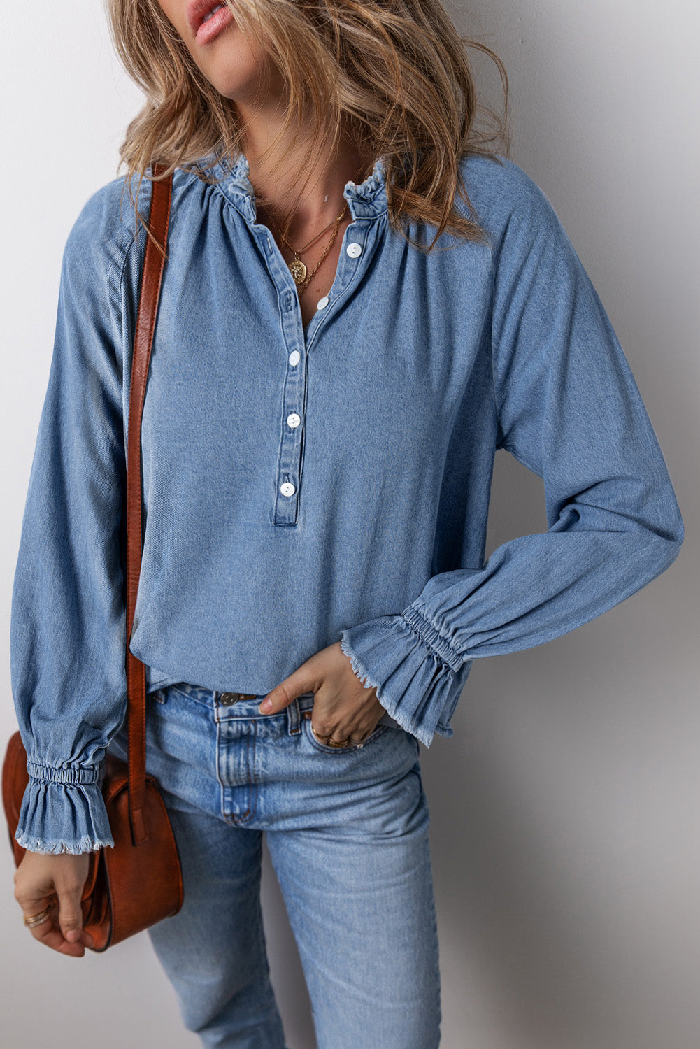 Sky Blue Frilled Raw Hem Half Buttoned Denim Top