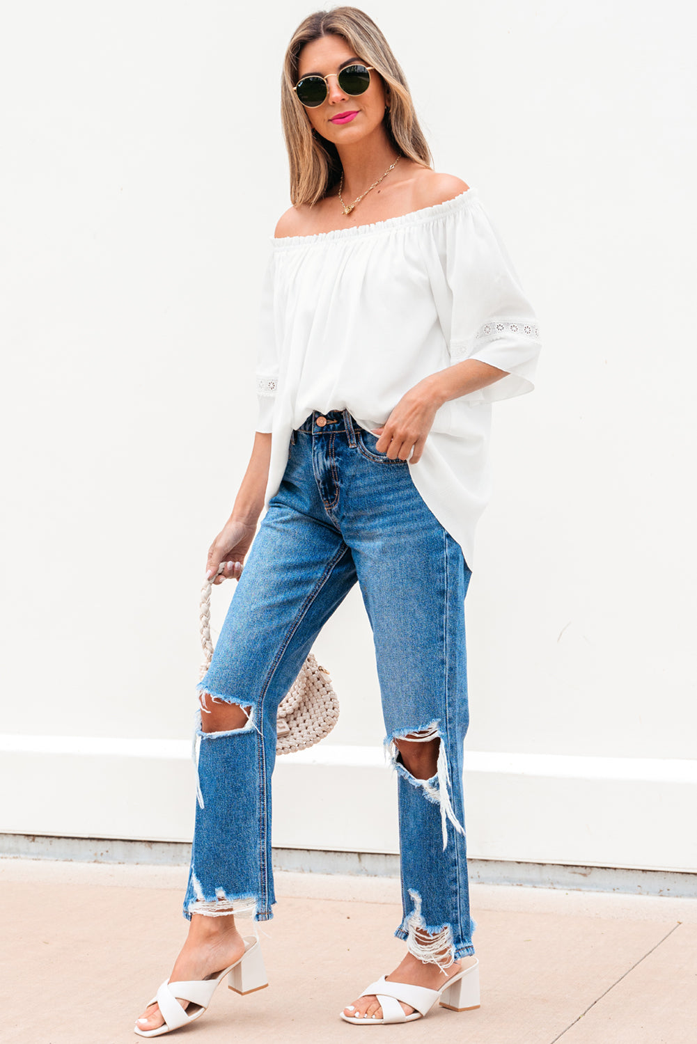 White Frilly Off Shoulder Lace Insert Sleeve Textured Blouse