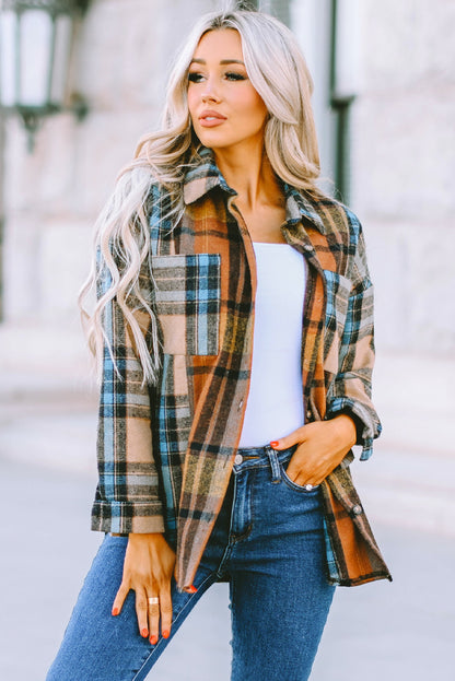 Brown Plaid Color Block Buttoned Shirt with Pockets