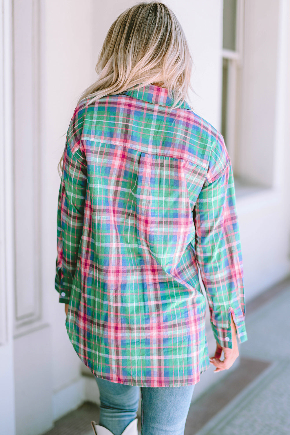 Green Plaid Long Sleeve Button Down Split Shirt