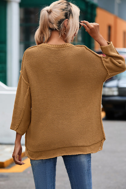 Brown Slouchy Textured Knit Loose Sweater