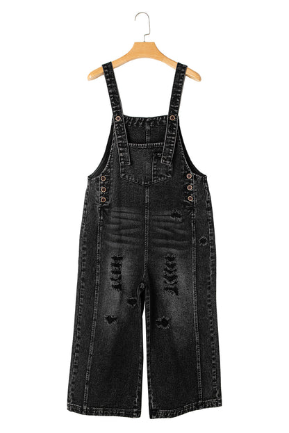 Black Distressed Bib Pocket Wide Leg Denim Overall