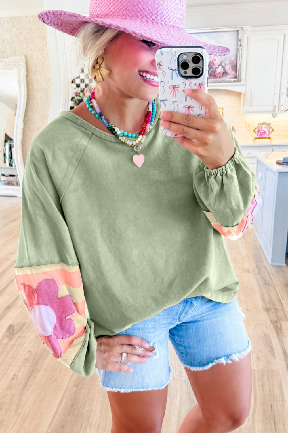 Smoke Green Flower Patchwork Raglan Sleeve Exposed Seam Oversized Top