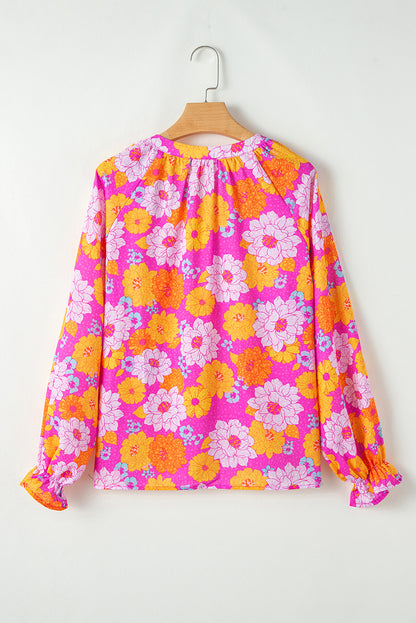 Rose Floral Print Flounce Sleeve Notched Neck Blouse