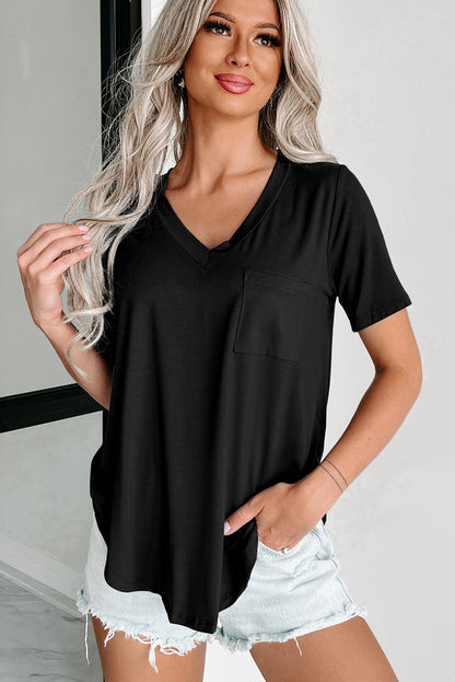 Black V Neck Pocketed Rounded Hem Tee