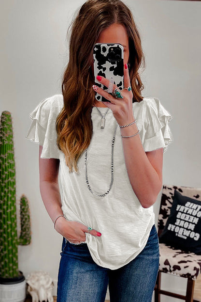 White Layered Ruffle Short Sleeve Round Neck Top