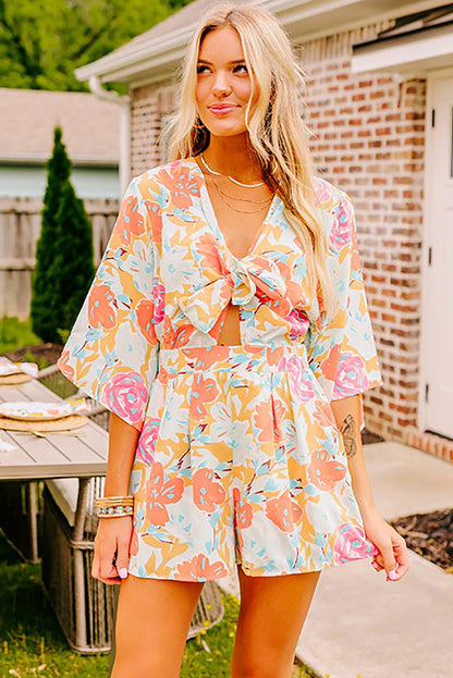 Orange Blooming Floral Print Front Tie Romper