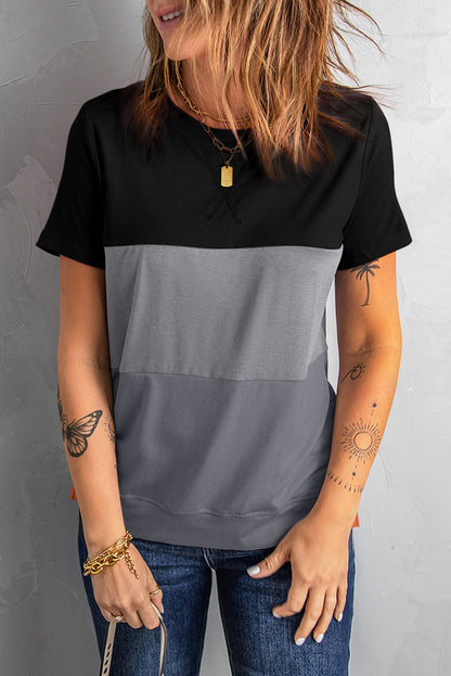 Color Block Side Slit Round Neck T-Shirt