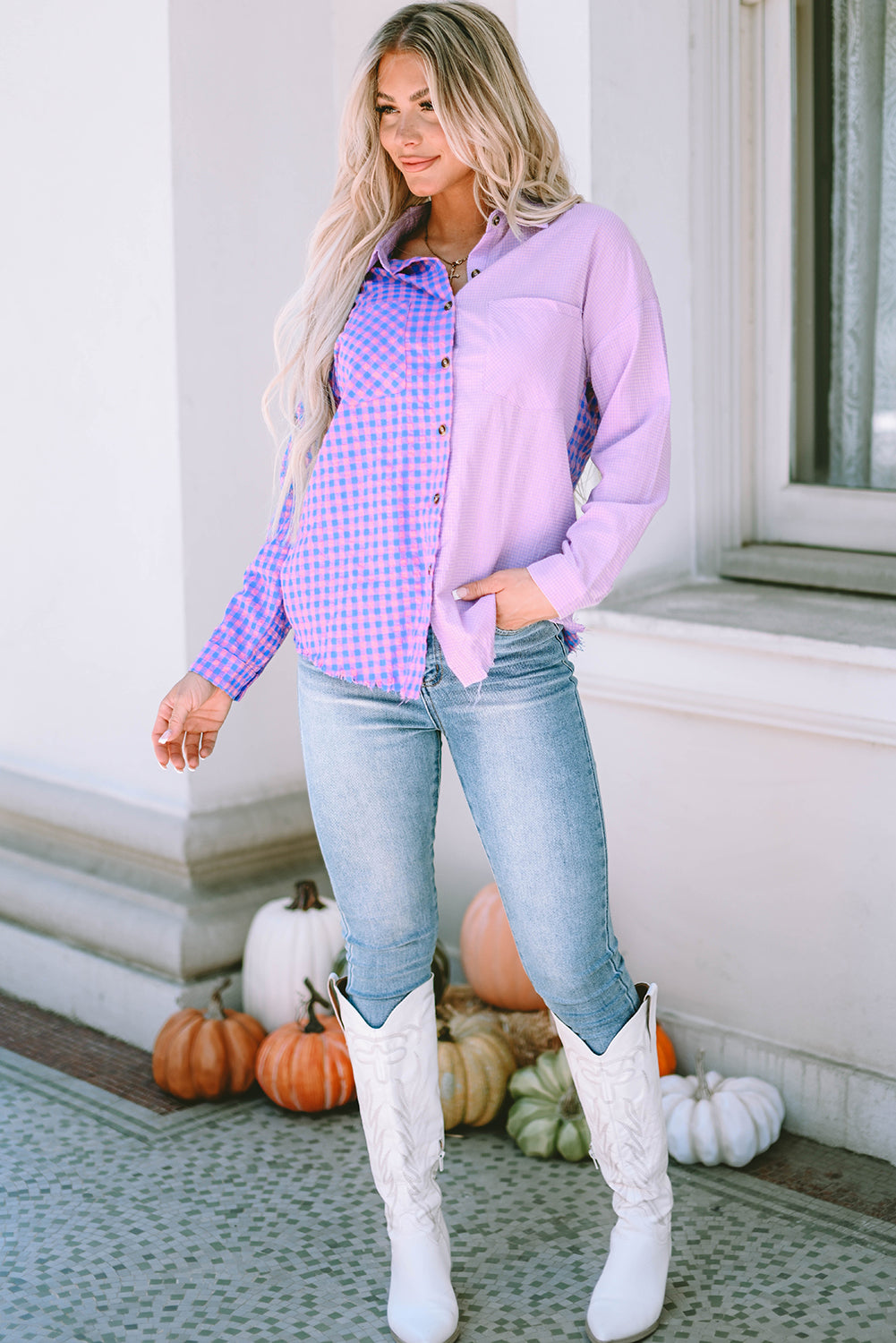 Purple Mixed Plaid Button Down Long Sleeve Chest Pocket Shirt