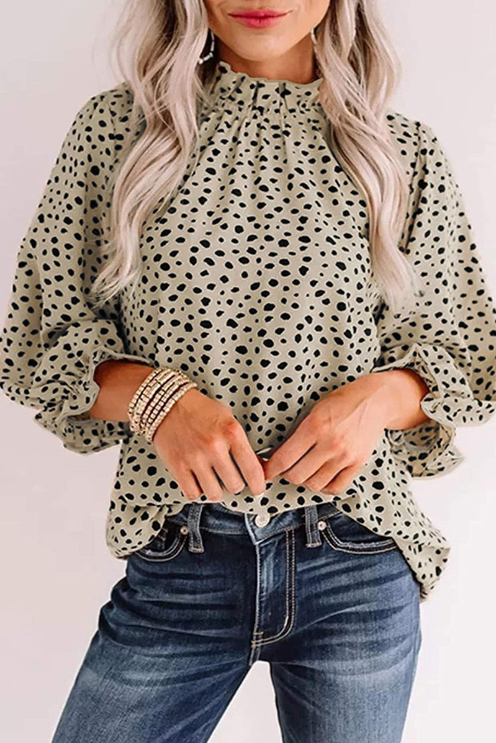 Khaki Frilled Neck 3/4 Sleeves Cheetah Blouse