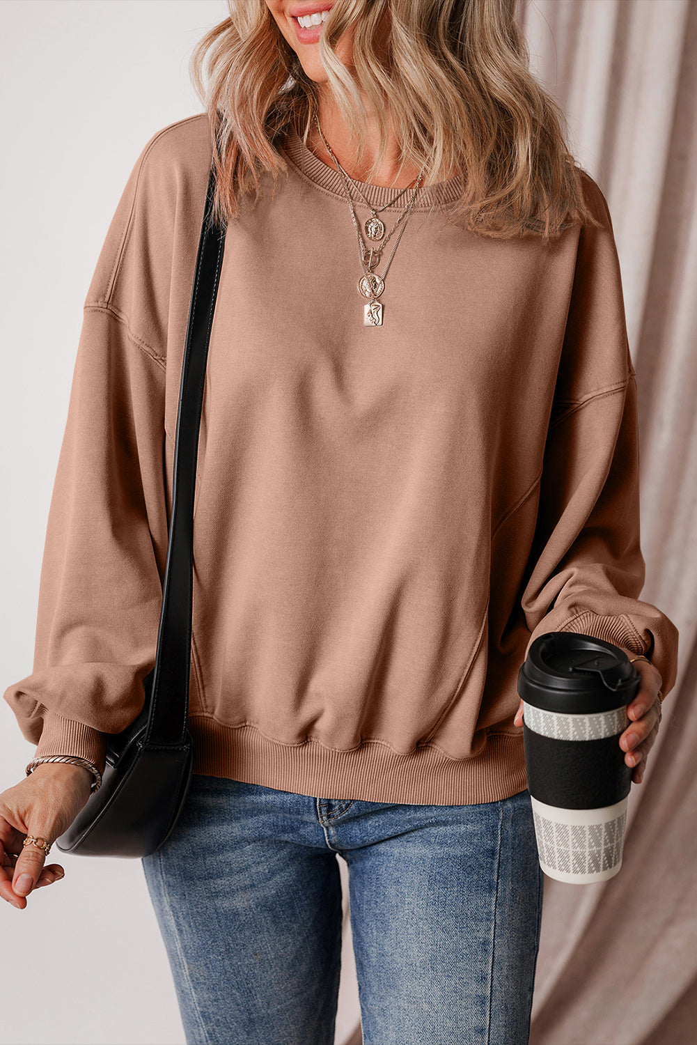 Chestnut Exposed Seam Batwing Sleeve Drop Shoulder Sweatshirt