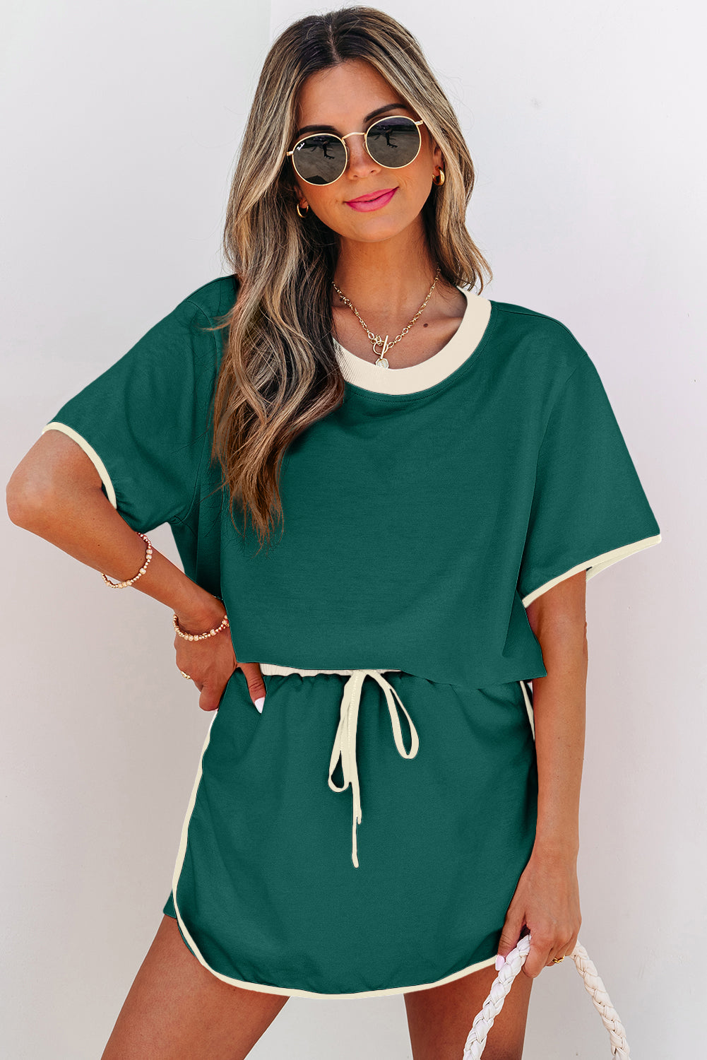 Evergreen Colorblock Edge Drop Shoulder T Shirt and Skirt 2Pcs Set