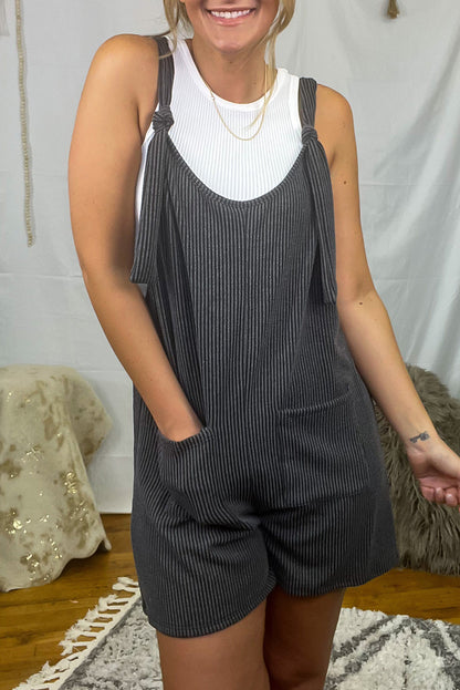 Dark Grey Striped Print Knotted Straps Pocketed Romper