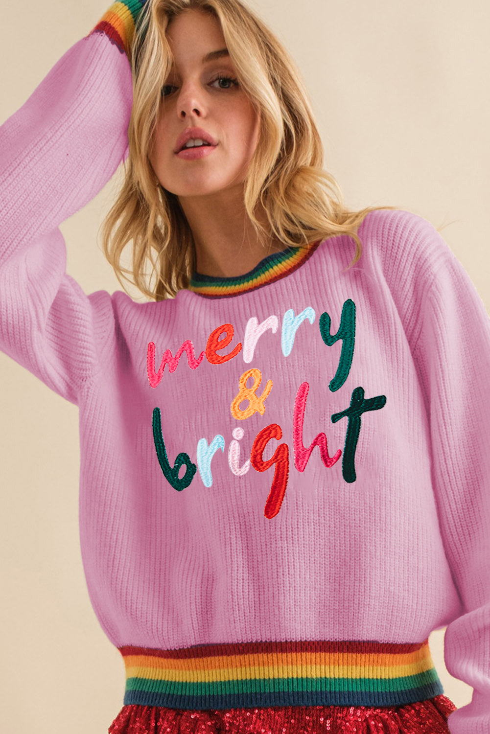 Bonbon Merry & Bright Colorful Stripes Trim Sweater