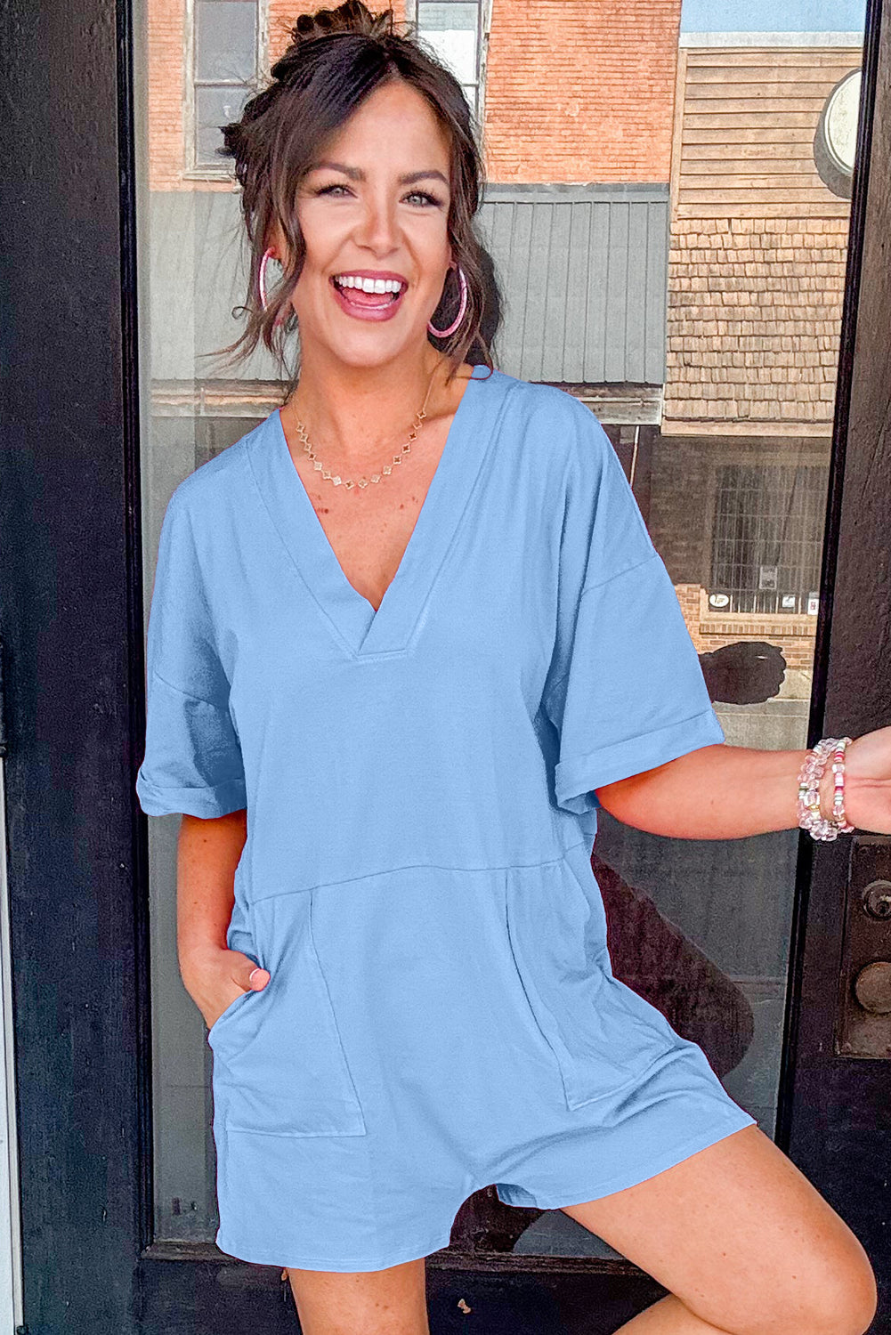 Myosotis Loose Half Sleeve V Neck Knit Romper