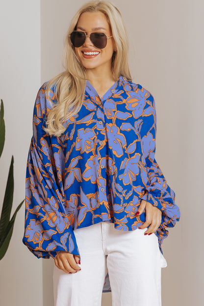 Blue Floral Print Batwing Sleeve Buttoned Loose Fit Shirt