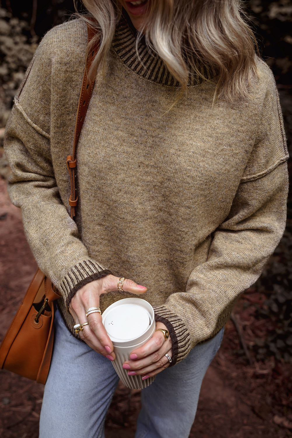 Pale Khaki Contrast Trim Mock Neck Drop Shoulder Sweater