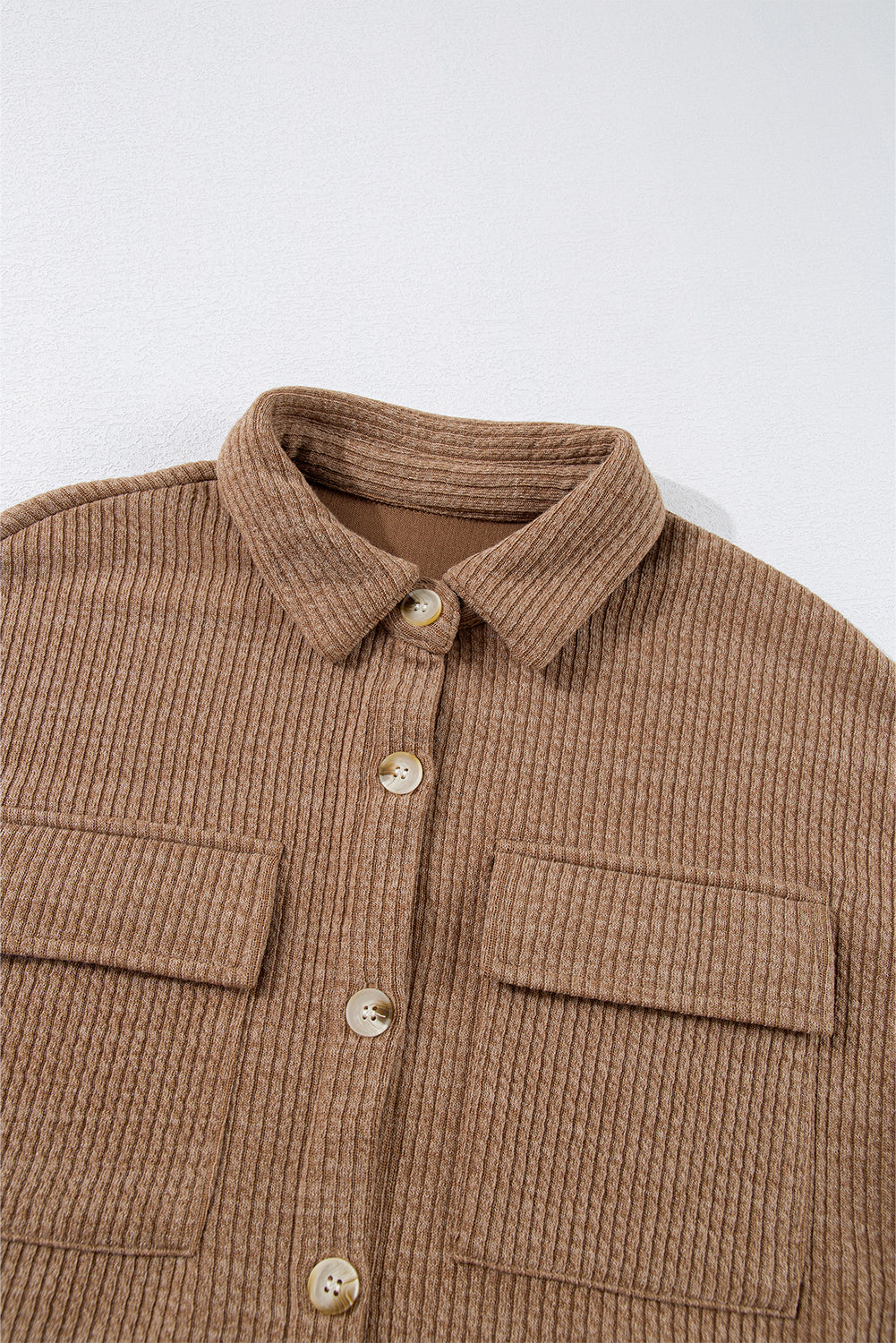 Dark Khaki Solid Color Corduroy Buttoned Long Sleeve Shacket