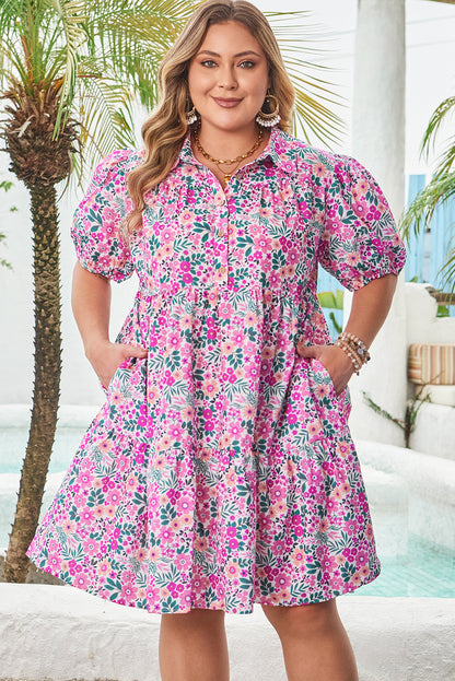 Plus size Pink Floral Dress - Easy fit A-line shirt dress for curvy women with model hands in pocket.