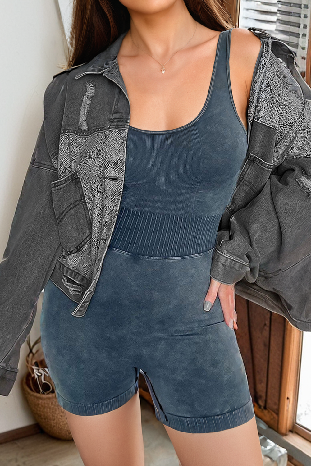 Carbon Grey Mineral Wash Ribbed High Waist Athleisure Romper