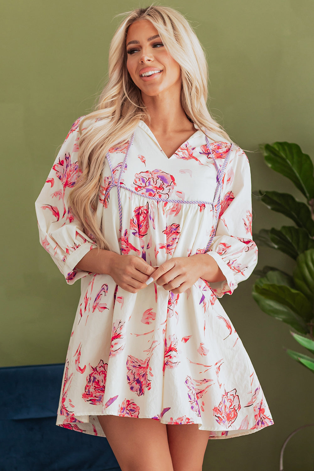 Pink Floral Print Balloon Sleeve V Neck Babydoll Mini Dress