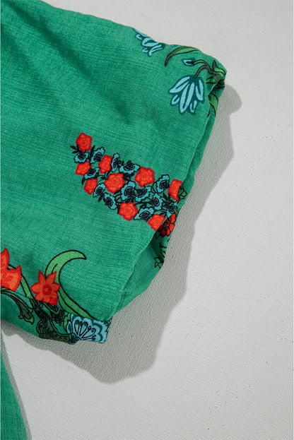 Bright Green Floral Print Buttoned V Neck Short Sleeve Blouse