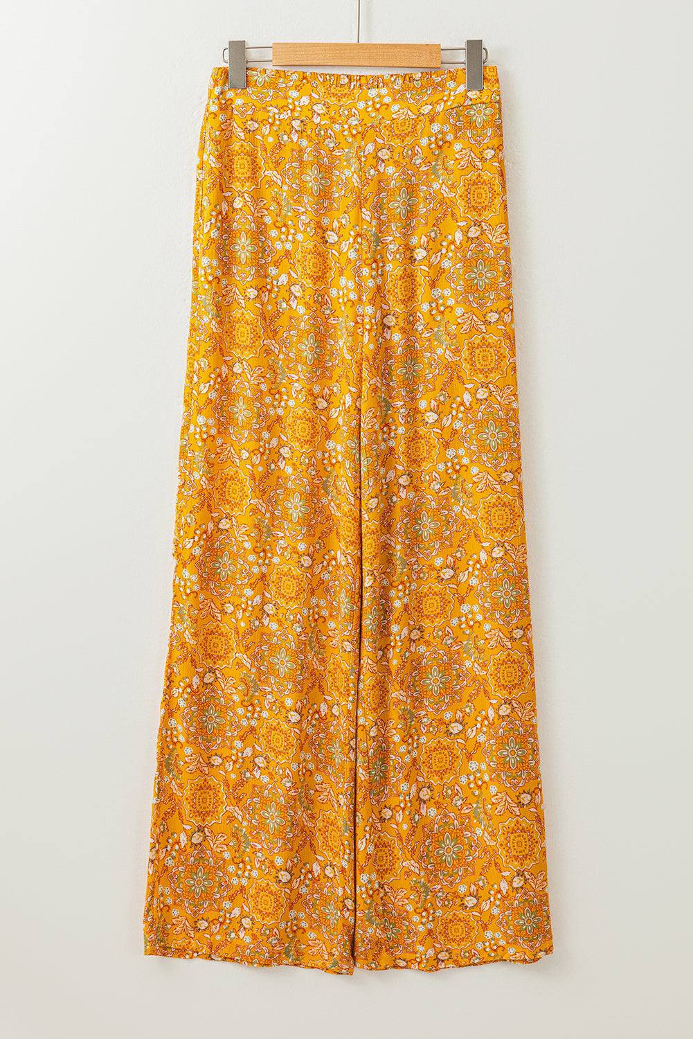 Yellow Bohemian Floral Print Pocketed Wide Leg Pants