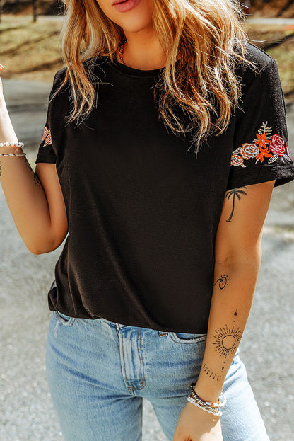 Black Floral Embroidered Round Neck Short Sleeve T Shirt