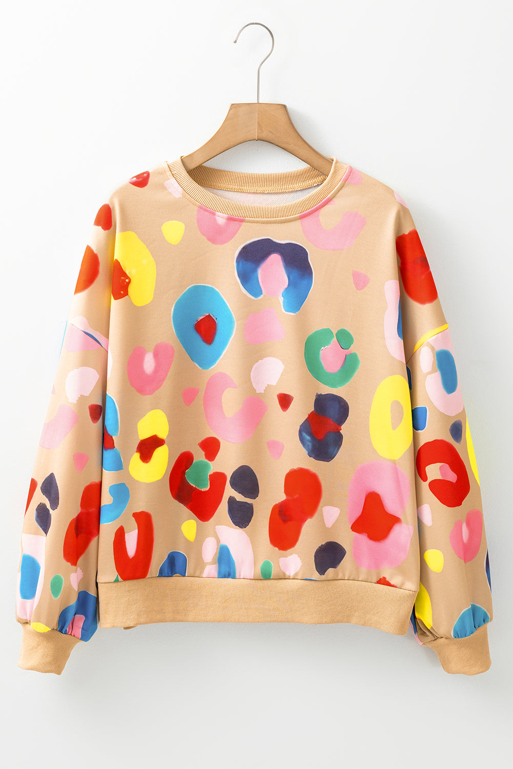 Khaki Multicolor Leopard Printed Drop Shoulder Pullover Sweatshirt