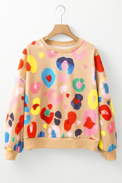 Khaki Multicolor Leopard Printed Drop Shoulder Pullover Sweatshirt